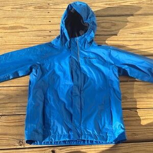 Columbia Bright Blue Kids' Hooded Rain Jacket With Velcro And Zipper.